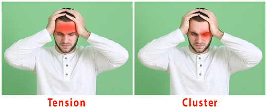 Young man with different types of headache on color background